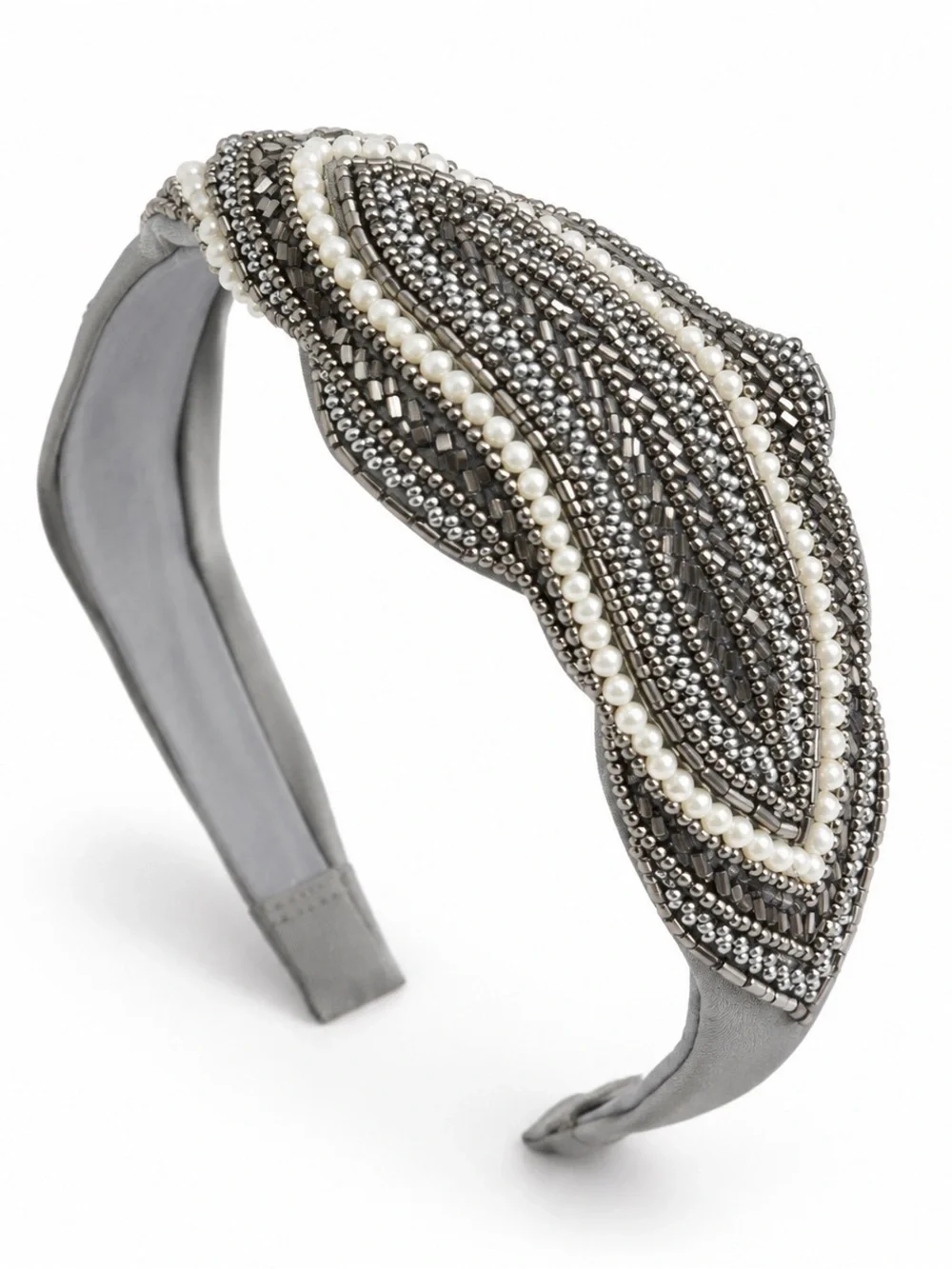 Beaded Pearl Accent Gray Headband